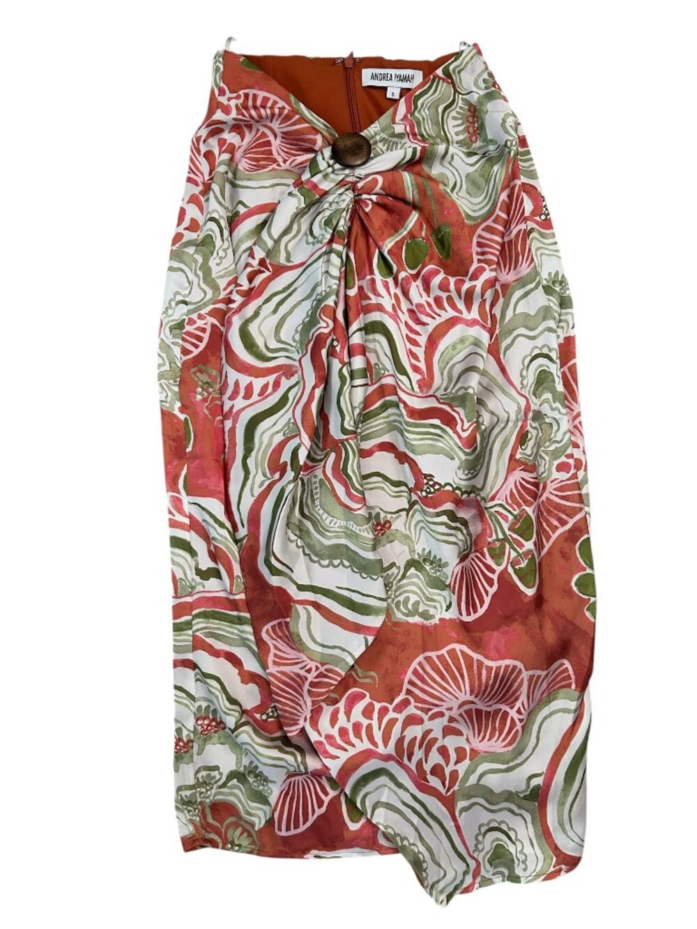 Andrea Iyamah Size S Small Satin Draped Midi Skirt Multi Colored Abstract EUC